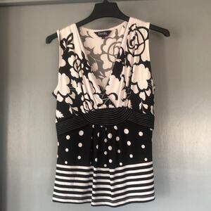 Dusak size XL black white Floral Dots sleeveless V Neck top Stretchy Babydoll